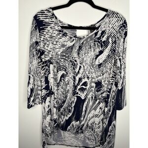 Clara Sun Woo Geometric Tunic Top Women's L Blue White Artsy Stretchy Pullover